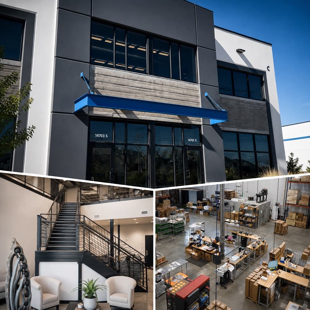 Our manufacturing facility: the building exterior, the lobby, and the production floor