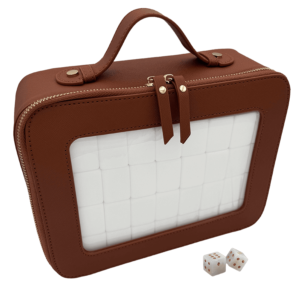 The brown vegan saffiano carry case with a pair of stone dice.