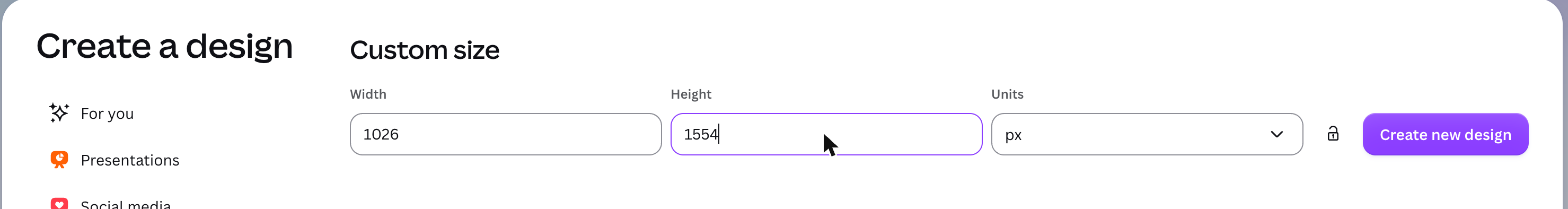 Canva's Custom size dialog with Width 1026, Height 1554 and Units px, and the Create new design button.