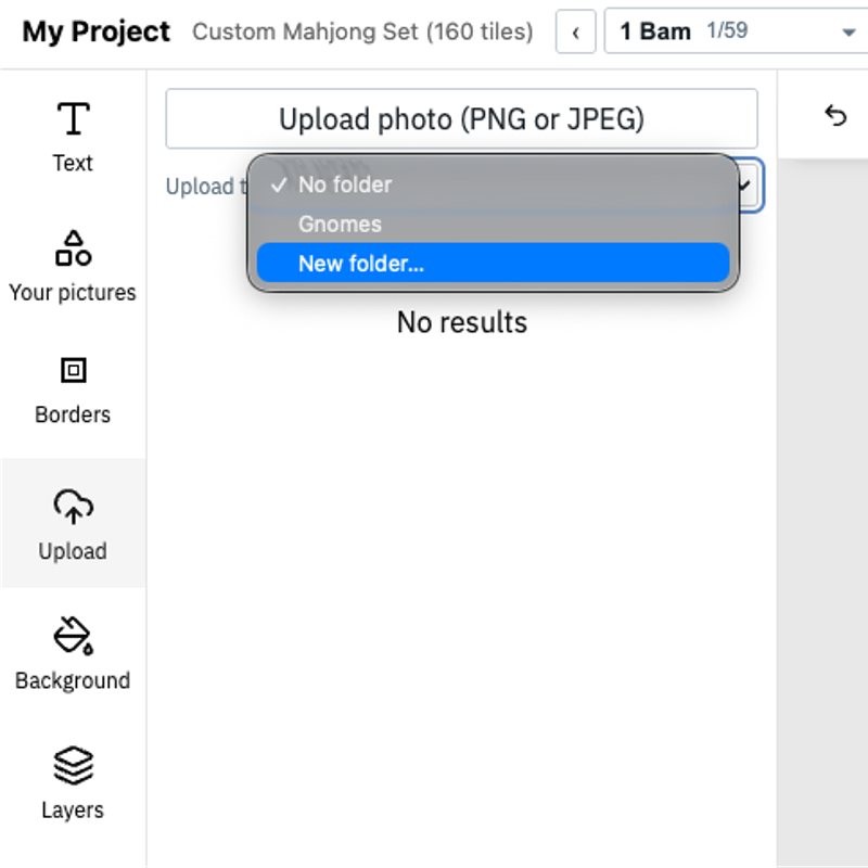 The editor's Upload tab: the Upload photo (PNG or JPEG) button, and the Upload to picker open on New folder. The tile picker at the top reads 1 Bam, 1 of 59.